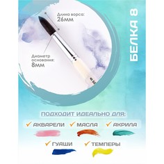Кисть для рисования, белка круглая № 8 (диаметр обоймы 8 мм; длина волоса 26 мм), деревянная ручка, calligrata