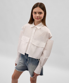 Блузка с длинным рукавом детская белая укороченная с разрезами на плечах Gulliver