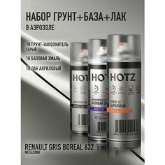 Комплект Аэрозольный "RENAULT Gris Boreal 632 металлик" 1K: Акриловый грунт Светло-серый 520мл + Акриловый лак 520мл + + Автоэмаль 520мл Hotz