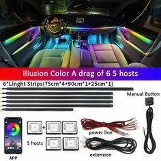 6в1 Акриловая направляющая для салона автомобиля, оптоволоконная полоса 18 в 1, подсветка автомобиля, окружающее освещение RBG, 64 цвета, декоративная атмосферная лампа earu, 6 in 1 нет