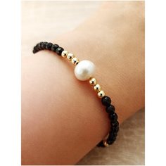 Браслет-нить JEWELRY A VENTO, жемчуг пресноводный культивированный, жемчуг культивированный, агат, жемчуг пресноводный, гематит, 10 шт., размер 17 см, размер S, диаметр 5.4 см, черный/золотистый