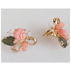 Серьги Lotus Jewelry, нефрит, коралл, розовый/зеленый