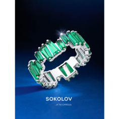 Кольцо SOKOLOV, серебро, 925 проба, родирование, фианит, размер 18, зелeный