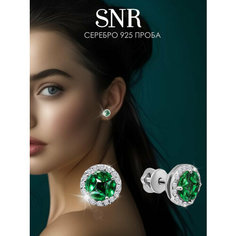 Серьги пусеты SKAZKA Natali Romanovoi, серебро, 925 проба, родирование, фианит, размер 9 мм, , серебристый/зеленый