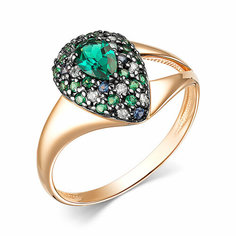 Кольцо Dewi, красное золото, 585 проба, сапфир, изумруд, фианит, размер 17, зелeный