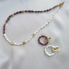 Комплект бижутерии Камни Елены: колье, серьги, гранат, перламутр, размер колье/цепочки 39 см, бордовый