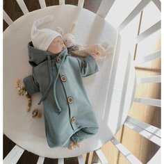 Комбинезон MAMINY ZAPISKY Комбинезон из футера с капюшоном, с утягивающими завязками, 3-6 мес, MAMINY ZAPISKY, открытая стопа, размер 68, зелeный