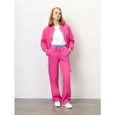 Брюки спортивные JUST CLOTHES Розовый,белый,голубой. Декор махровая нашивка логотипа, термологотип. Пояс резинка, шнурок. Карманы, размер XS, фуксия