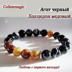 Славянский оберег, Браслет-нить Coliete, халцедон, агат, гематит, 1 шт., размер 18 см, диаметр 10 см, черный агат/корона золотая