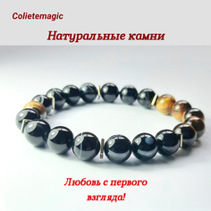 Славянский оберег, Браслет-нить Coliete, агат, гематит, тигровый глаз, 1 шт., размер 18 см, диаметр 10 см, черный/бежевый