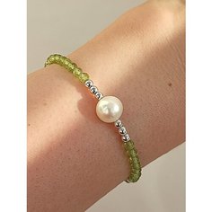 Браслет JEWELRY A VENTO, жемчуг пресноводный, гематит, хризолит, 10 шт., размер 17 см, размер S, диаметр 5.4 см, оливковый