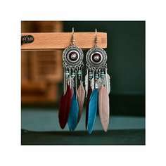 Серьги, перо, дерево, серый, красный, голубой, бежевый be Self True Jewel