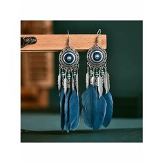 Серьги, перо, дерево, серый, голубой, синий be Self True Jewel
