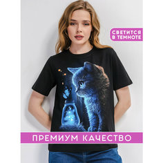 Футболка АРТ-ИМПЕРИЯ светящаяся с котиками и бабочкой, размер S, черный