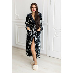 Халат Comfort FASHION домашний теплый женский с капюшоном на запах, размер S, черный, белый матовый, кошечка