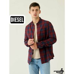 Рубашка DIESEL в клетку с длинным рукавом, размер XXL, красный, синий, бордовый, темно-синий