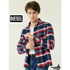 Рубашка DIESEL в клетку с длинным рукавом, размер XXL, синий, красный, белый, бело-синий