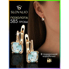 Серьги SLOVALIO, топаз синтетический, кристалл, фианит, размер 17 мм, золотистый