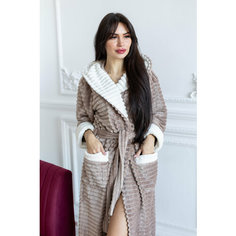Халат Comfort FASHION домашний теплый женский с капюшоном на запах, размер L, коричневый/бежевый