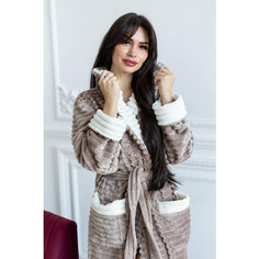 Халат Comfort FASHION домашний теплый женский с капюшоном на запах, размер M, коричневый/бежевый
