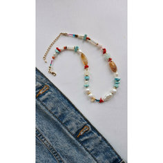Колье ЛЕТО JEWELRY, розовый кварц, жемчуг пресноводный культивированный, перламутр, бирюза, муранское стекло, авантюрин, бисер, жемчуг имитация, кварц, жемчуг пресноводный, коралл, коралл прессованный, пренит, жемчуг культивированный, длина 40 см, бел