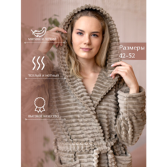 Халат Comfort FASHION домашний теплый женский с капюшоном на запах, размер 2XL, бежевый, бежевый волнистый