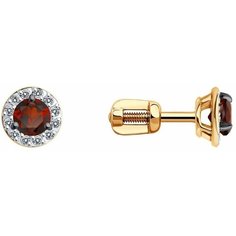 Серьги пусеты Diamant, красное золото, 585 проба, фианит, гранат, размер 7 мм, , красный