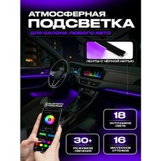 Подсветка салона автомобиля (контурная) 64 цвета, черные ленты (18 источников света) без приветствия (атмосферная подсветка салона автомобиля, светодиодная, RGB) АвтоКомпоненты