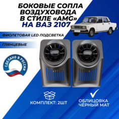 Дефлекторы воздуховода AMG 2шт. ВАЗ 2107, сопла на панель приборов с регулировкой цвет глянцевые с облицовкой черный мат фиолетовая подсветка в стиле АМГ Нет бренда