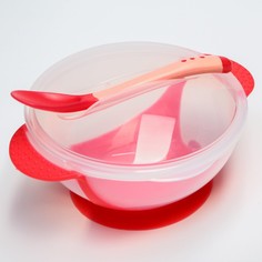 Тарелка на присоске m&b 340 мл., с крышкой, термоложка, цвет красно-бежевый Mum&Baby