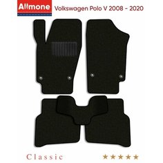 Коврики в салон текстильные Allmone "Классик" для Volkswagen Polo 5 2008 - 2020, черные, 5шт. / Фольксваген Поло 5