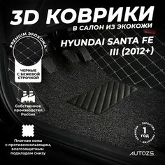 Кожаные 3D коврики в салон с бортами с ворсом для Hyundai Santa Fe III (2012+) черные с бежевой строчкой Autozs