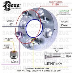 Проставка колёсная 1 шт 25мм 4*110 ЦО 67 Крепёж в комплекте Гайка + Шпилька М10*1,25 ступичная без бортика для дисков 1 шт на ступицу 4x110 4х110 ZUZ