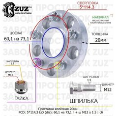 Проставка колёсная 1 шт 20мм 5*114,3 ЦО 60,1 на 73,1 Крепёж в комплекте Гайка + Шпилька М12*1,5 ступичная с бортиком для дисков 1 шт на ступицу 5x114,3 ZUZ