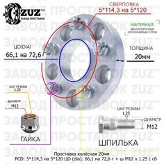 Проставка колёсная 1 шт 20мм 5*114,3 на 5*120 ЦО 66,1 на 72,6 Крепёж в комплекте Гайка + Шпилька М12*1,25 ступичная с бортиком переходная адаптер для дисков 1 шт на ступицу 5x114,3 на 5x120 ZUZ