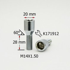 Болт колесный M14x1,5 длина резьбовой части 28мм, диаметр 20мм, Хром, ключ шестигранник 12мм(К171912), 20 штук Matrix