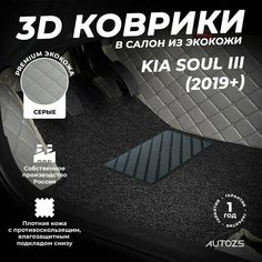 Кожаные 3D коврики в салон с бортами с черным ворсом для Kia Soul III (2019+) серые Autozs