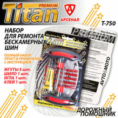 Набор для ремонта бескамерных шин Titan PREMIUM (жгуты 5шт, игла, шило, клей), Т-750