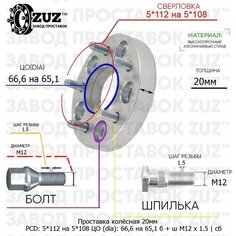Проставка колёсная 1 шт 20мм 5*112 на 5*108 ЦО 66,6 на 65,1 Крепёж в комплекте Болт + Шпилька М12*1,5 ступичная с бортиком переходная адаптер для дисков 1 шт на ступицу 5x112 на 5x108 Завод проставок ZUZ
