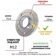 Проставка колёсная 1 шт 15мм PCD: 5*120 ЦО (DIA): 72,6 с бортиком отверстие под крепёж M12 на ступицу: BMW, Fisker 5x120 Завод проставок ZUZ