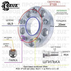 Проставка колёсная 1 шт 20мм 5*120 ЦО 66,9 Крепёж в комплекте Гайка + Шпилька М14*1,5 ступичная с бортиком для дисков 1 шт на ступицу 5x120 5х120 Завод проставок ZUZ