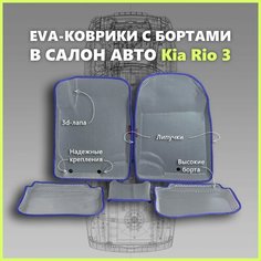 Автомобильные коврики ЕВА/EVA премиум 3D с пресс бортами Kia Rio III 2011 - 2017г, серые с синим кантом SPC