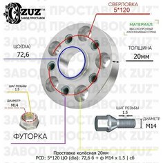 Проставка колёсная 20мм 5*120 ЦО 72,6 Крепёж в комплекте Болт + Футорка М14*1,5 ступичная с бортиком для дисков на ступицу 5x120 5х120 Завод проставок ZUZ