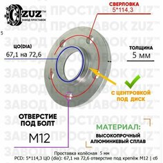 Проставка колёсная 1 шт 5мм 5*114,3 ЦО 67,1 на 72,6 отверстие под крепёж М12 ступичная с бортиком для дисков 1 шт на ступицу 5x114,3 Завод проставок ZUZ