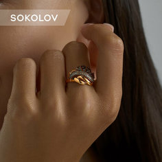 Кольцо SOKOLOV, серебро, 925 проба, золочение, раухтопаз, фианит, размер 20.5, коричневый