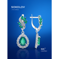 Серьги SOKOLOV, серебро, 925 проба, родирование, фианит, агат, размер 35 мм, , зеленый