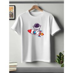Футболка ONEQ унисекс 42-44 (XS) размер с принтом Космонавт, белая, размер XS, белый