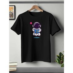 Футболка ONEQ унисекс 50-52 (XL) размер с принтом Космонавт, черная, размер XL, черный