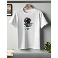 Футболка ONEQ унисекс 50-52 (XL) размер с принтом Космонавт, белая, размер XL, белый
