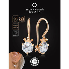 Серьги Бронницкий Ювелир, красное золото, 585 проба, фианит, размер 18 мм, , красный